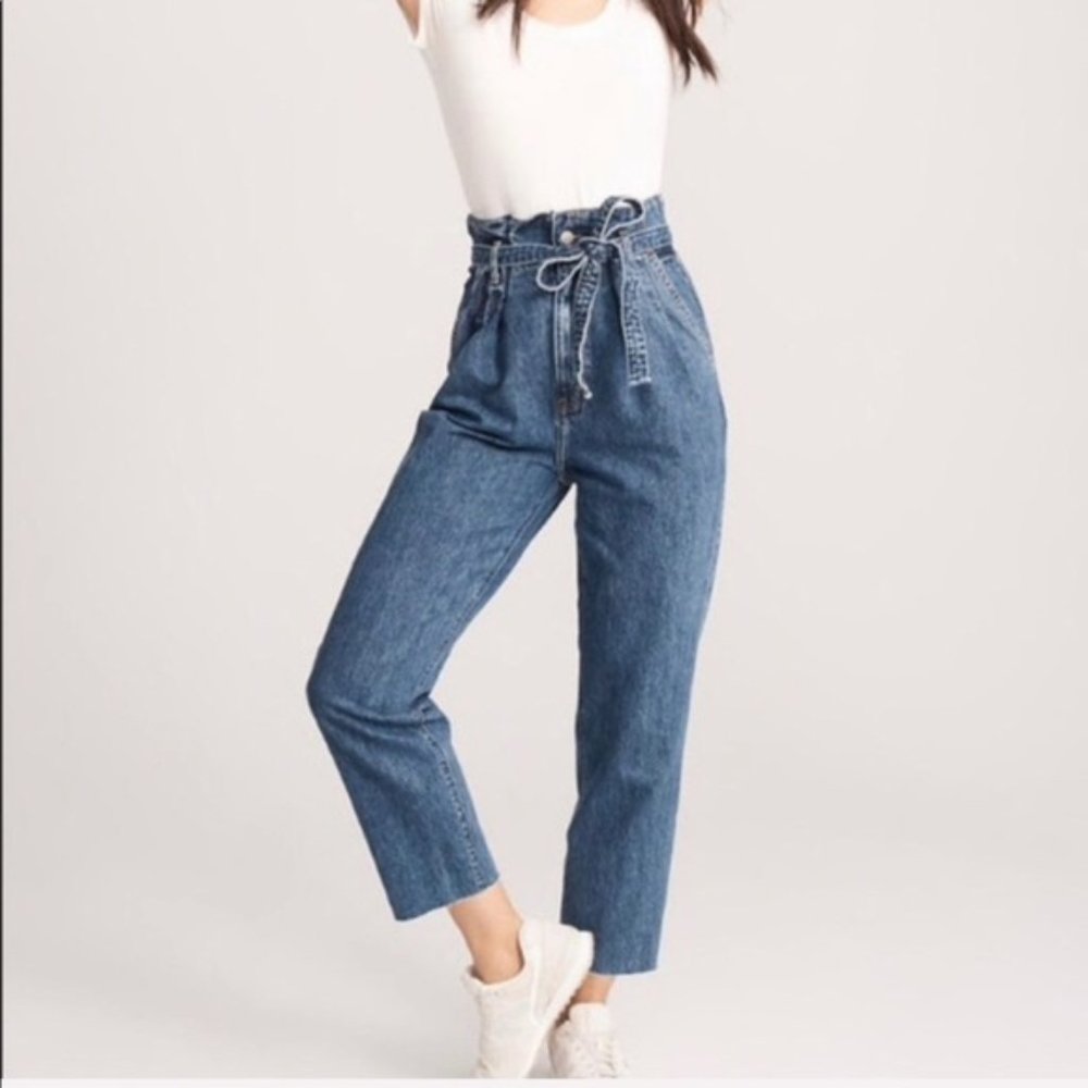 Abercrombie & Fitch High Rise Paperbag Mom Jeans Tie Belt Waist Raw Hem